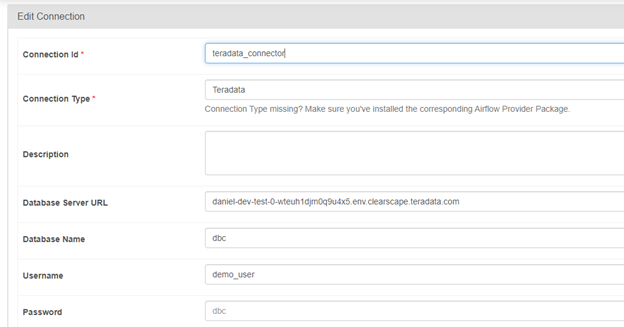 Airflow connection UI to define Teradata connection details.