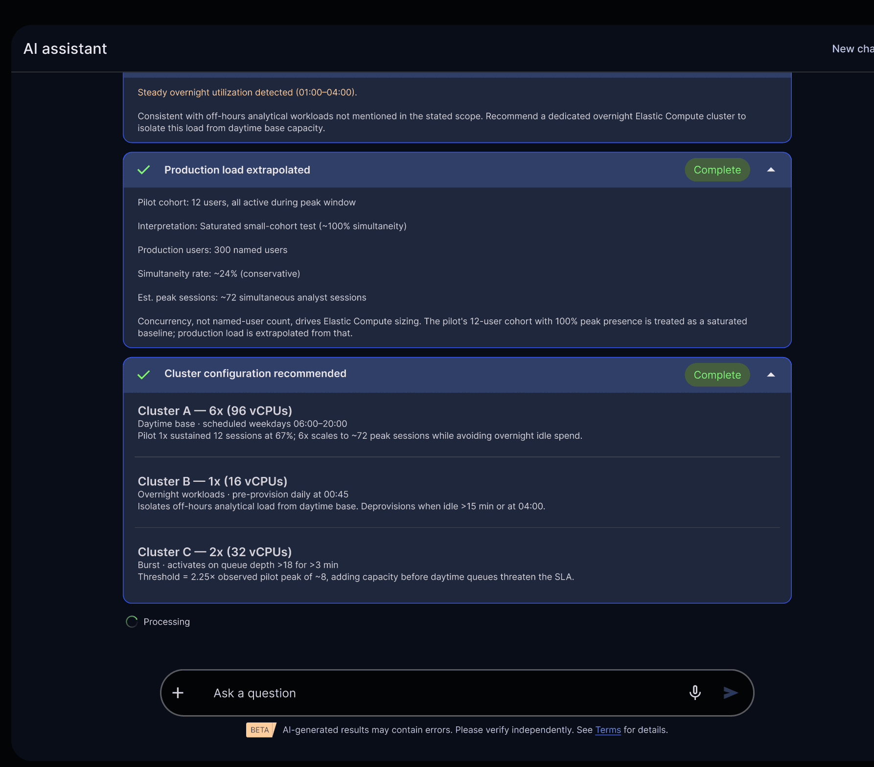 Elastic compute recommendation with projected cost and performance generated by Tera agents