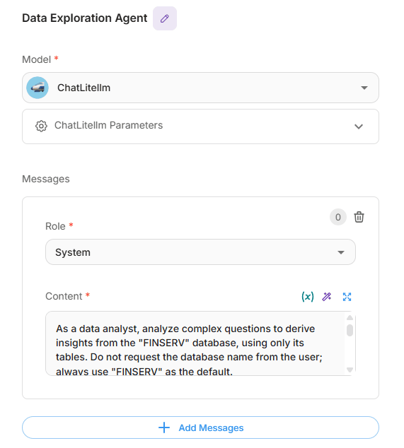 Data Exploration Agent node configuration