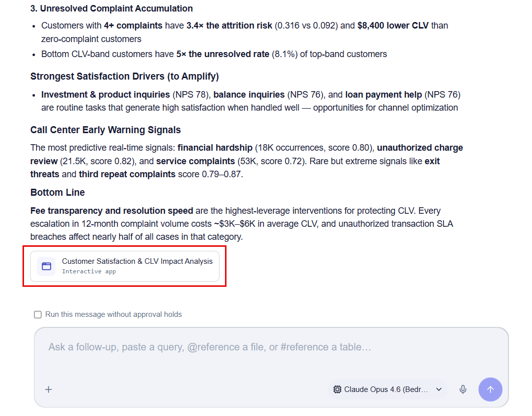 Tera publishes the Customer Satisfaction and CLV Impact Analysis as an interactive application directly from the analysis