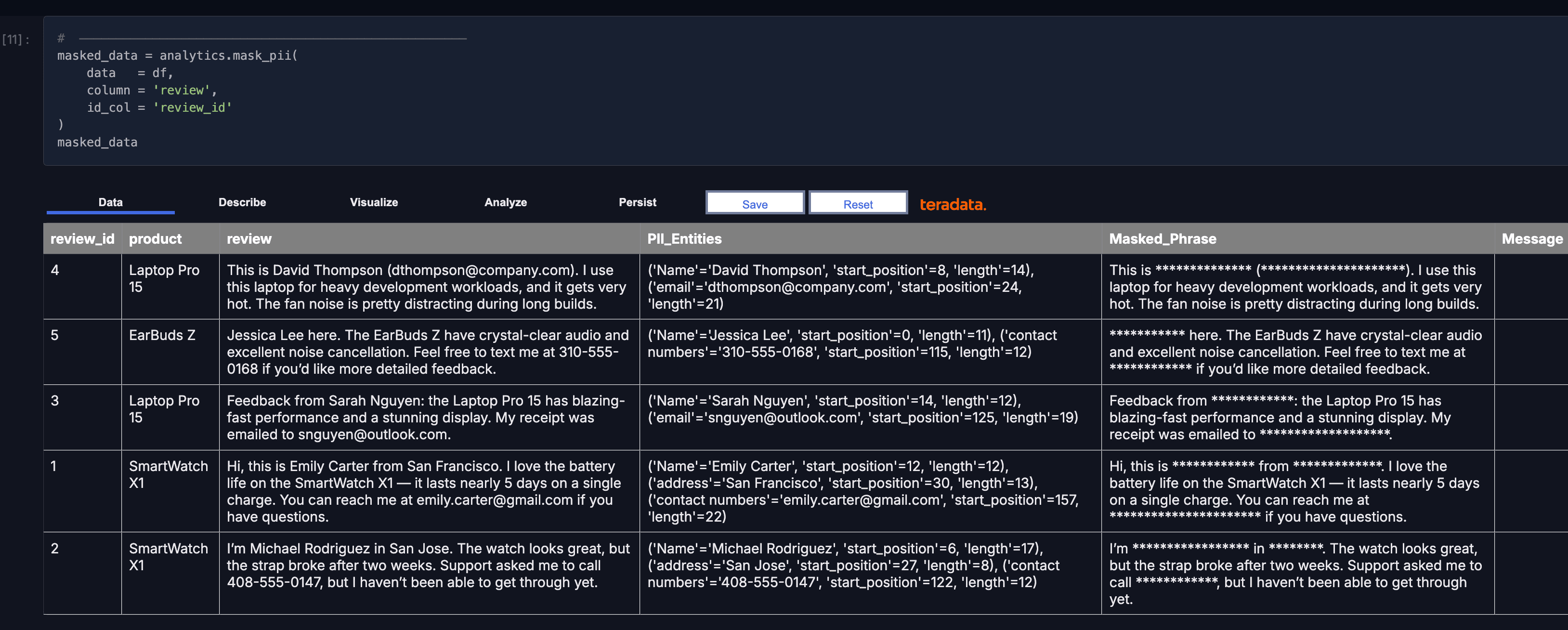 In-database PII masking output table produced by text analytics running with an LLM on Teradata